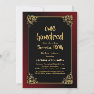 Decoratief Gold Red Border Surprise 100th Birthday Kaart