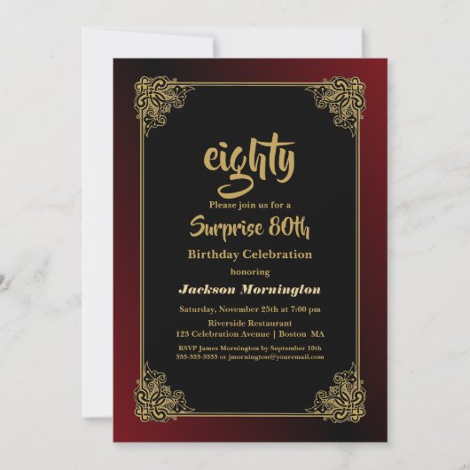 Decoratief Gold Red Border Surprise 80th Birthday Kaart (Voorkant)