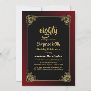 Decoratief Gold Red Border Surprise 80th Birthday Kaart