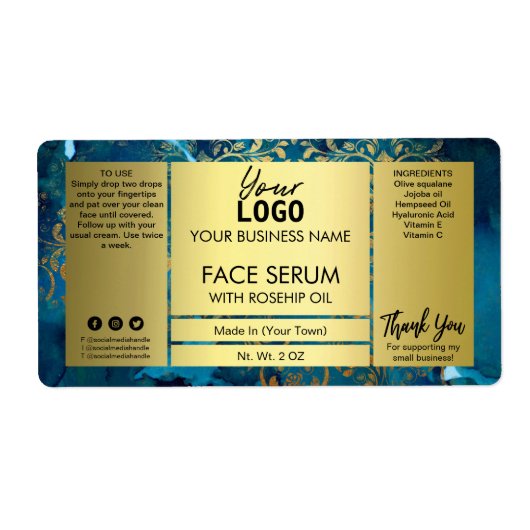 Decoratief goud en blauw gezichtsserum etiket (Voorkant)