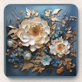 Decoratief goud en blauwgroen blauw bloemontwerp bier onderzetter (Voorkant)