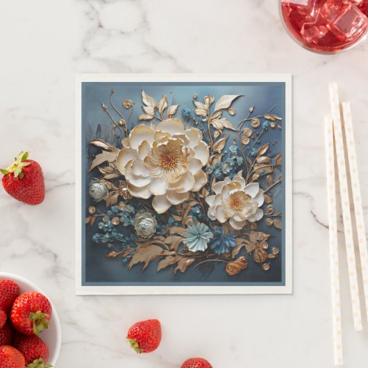 Decoratief goud en blauwgroen blauw bloemontwerp servet (Insitu)