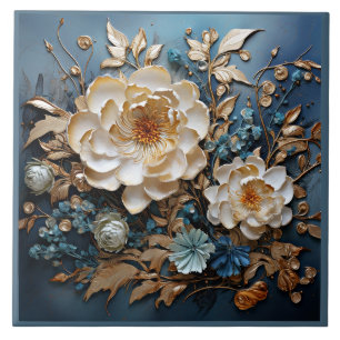 Decoratief goud en blauwgroen blauw bloemontwerp tegeltje