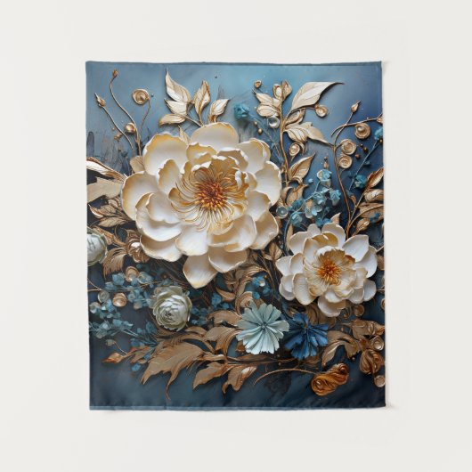 Decoratief goud en blauwgroen blauw bloemontwerp wandkleed (Voorkant)