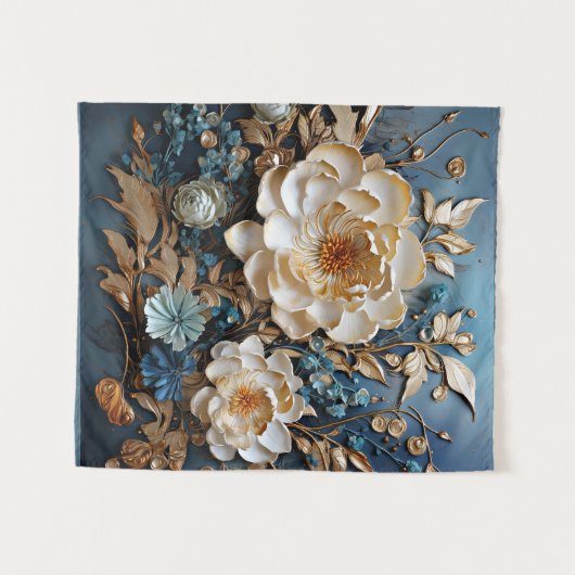 Decoratief goud en blauwgroen blauw bloemontwerp wandkleed (Voorkant (horizontaal))