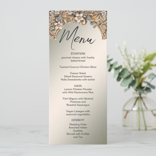 Decoratief Goud Wit Bloemen Bruiloft Menu (Staand voorkant)