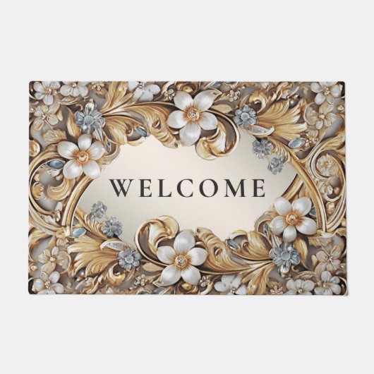 Decoratief Goud Wit Bloemen Deurmat (Voorkant)