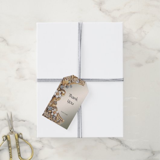 Decoratief Goud Wit Bloemen Gift Label Cadeaulabel (Met Touw)