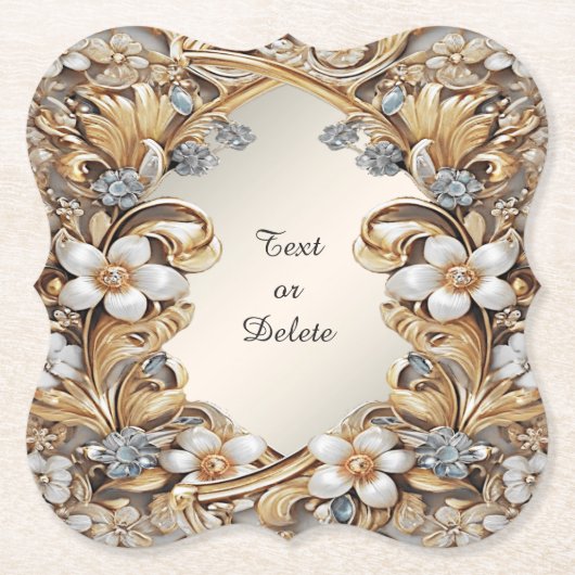 Decoratief Goud Wit Bloemen Papier Onderzetter (Voorkant)