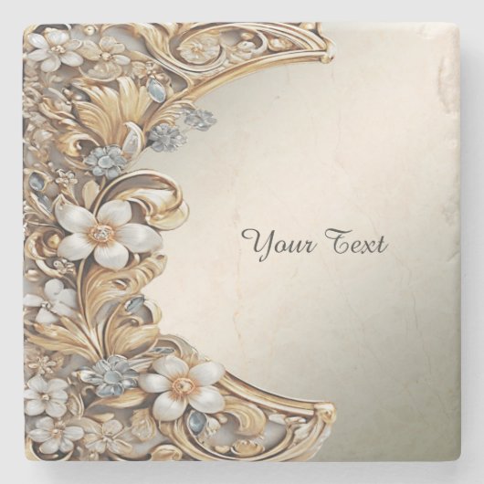Decoratief Goud Wit Bloemen Steen Onderzetter (Voorkant)