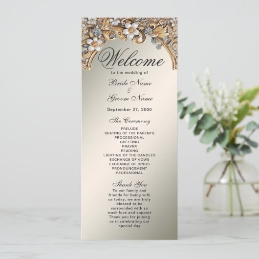 Decoratief Goud Wit Bloemen Trouwprogramma Programmakaart (Staand voorkant)