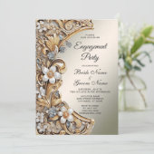 Decoratief Goud Wit Bloemen Verloving Uitnodiging (Staand voorkant)