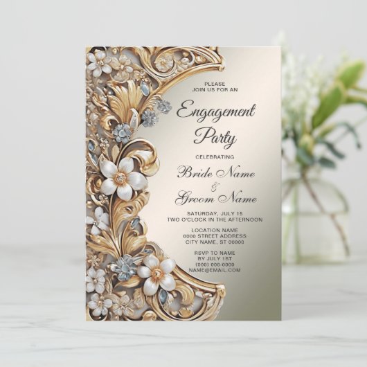 Decoratief Goud Wit Bloemen Verloving Uitnodiging (Staand voorkant)
