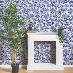 Decoratief  Grieks blauw bloemlijnpatroon Behang