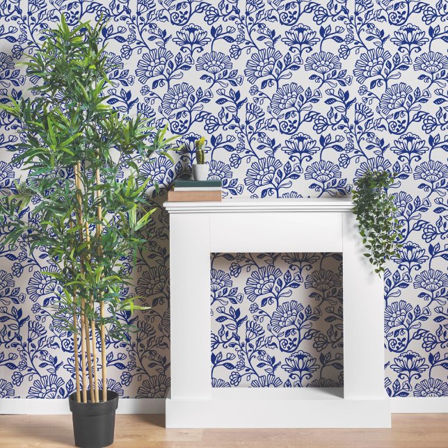 Decoratief  Grieks blauw bloemlijnpatroon Behang (Decorative Ornate Greek Blue Floral Line Pattern Wallpaper)