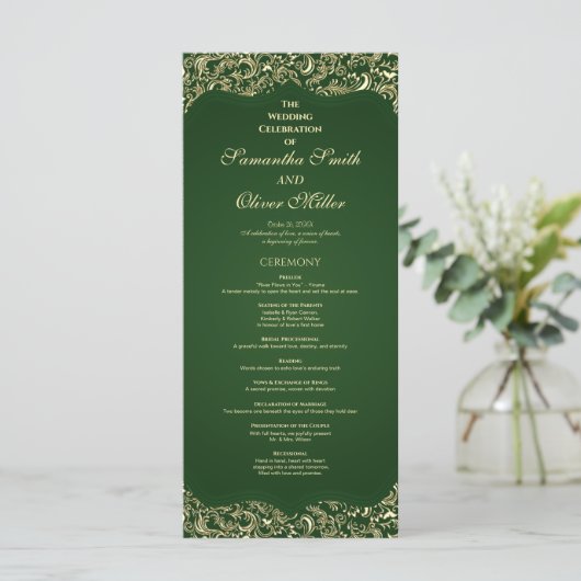 Decoratief groen en goud huwelijksprogramma programmakaart (Staand voorkant)