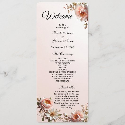 Decoratief Huwelijksprogramma met Roze en Witte Bl Programmakaart (Voorkant)