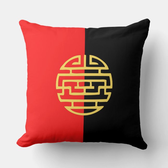 Decoratief japans traditioneel zwart geel kussen (Voorkant)