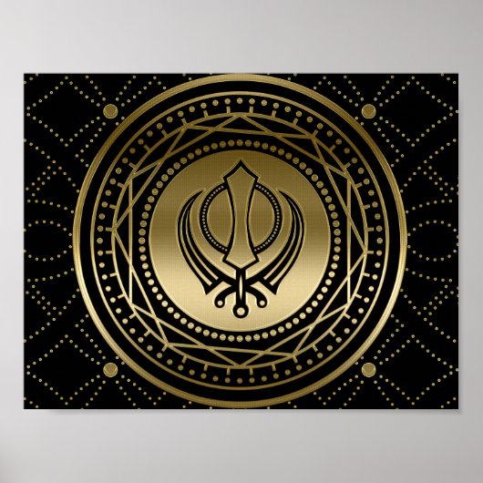 Decoratief Khanda symbool goud op zwart Poster (Voorkant)