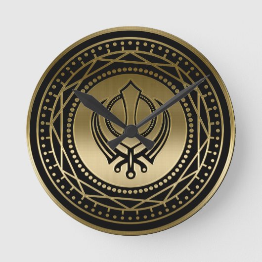 Decoratief Khanda symbool goud op zwart Ronde Klok (Voorkant)