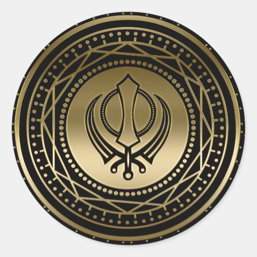 Decoratief Khanda symbool goud op zwart Ronde Sticker (Voorkant)