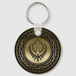 Decoratief Khanda symbool goud op zwart Sleutelhanger