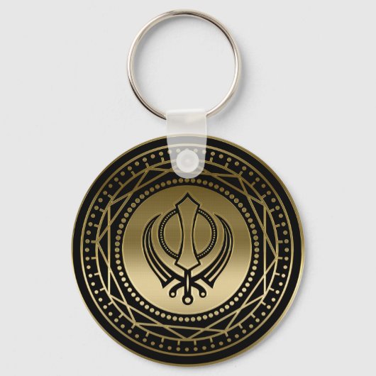 Decoratief Khanda symbool goud op zwart Sleutelhanger (Voorkant)