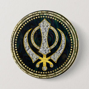Decoratief Khanda-symbool met edelstenen en goud Ronde Button 7,6 Cm