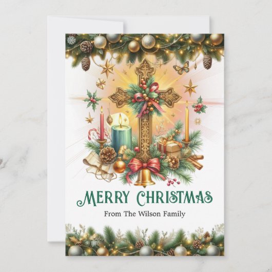 Decoratief kruis met goud en groen, Kerstmis Feestdagenkaart (Voorkant)