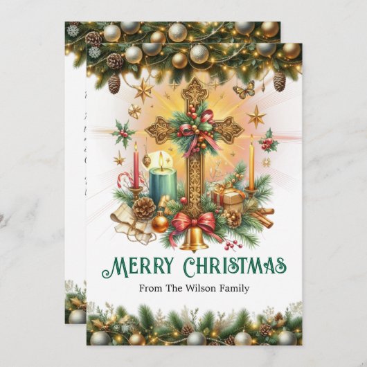 Decoratief kruis met goud en groen, Kerstmis Feestdagenkaart (Voorkant / Achterkant)