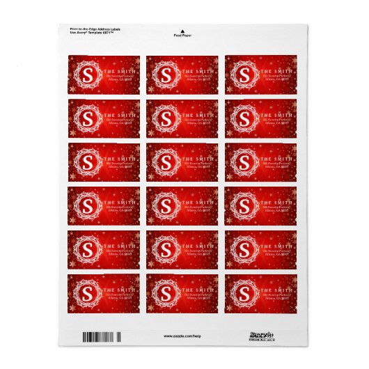 Decoratief Lijst Monogram Red Snowflake Etiket (Full Sheet)