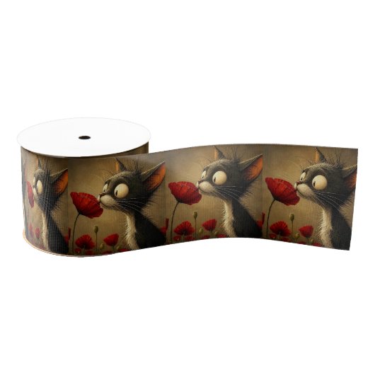 Decoratief lint Zwart & Witte Kat Rode Bloem (Spoel)