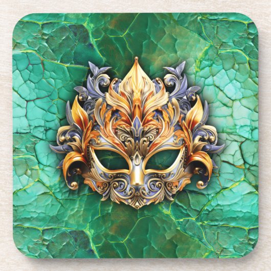 Decoratief Masker op Helder GroenGooi Kussen Bier Onderzetter (Voorkant)