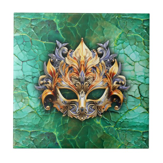 Decoratief Masker op Helder GroenGooi Kussen Tegeltje (Voorkant)