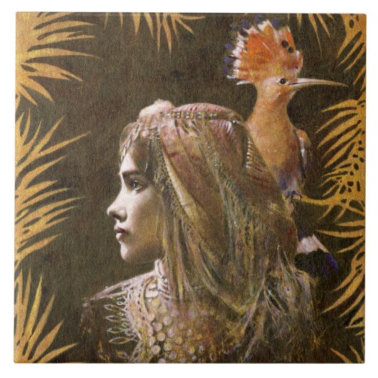  decoratief meisje en vogelkeramisch tapijtschel tegeltje (Voorkant)