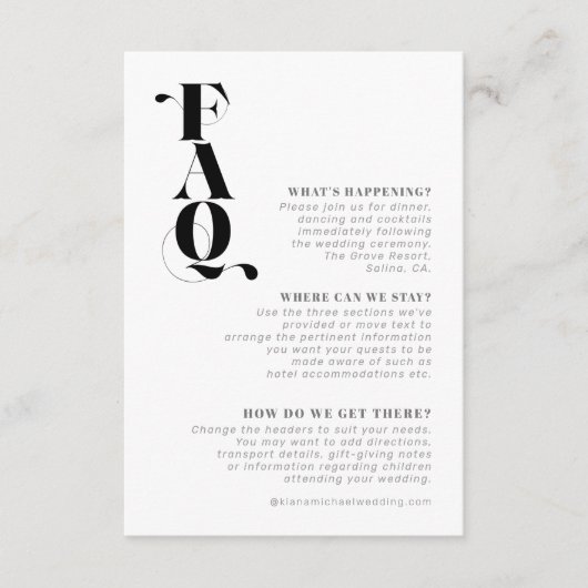 Decoratief Modern Wedding Details FAQ ID887 Informatiekaartje (Voorkant)