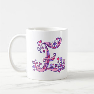 Decoratief Monogram E harten & bloemen roze paarse Koffiemok