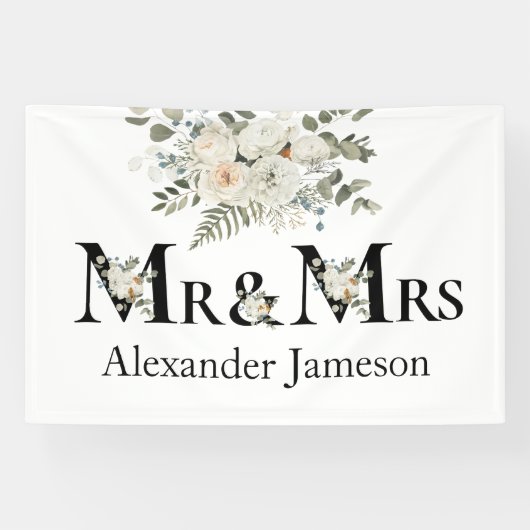 Decoratief mooi White Floral Mr & Mrs Wedding Spandoek (Horizontaal)