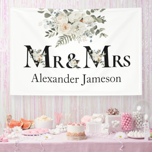 Decoratief mooi White Floral Mr & Mrs Wedding Spandoek (Feest)