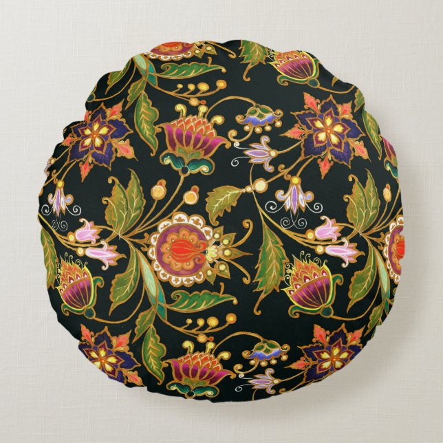 decoratief naadloos patroon. Bloemen bladeren Rond Kussen (Voorkant)