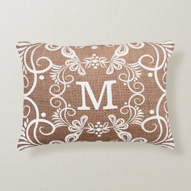Decoratief patroon Rustic Burlap Monogram Accent Kussen (Voorkant)