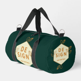 Decoratief roomkleurig zeshoekig logo op een donke plunjezak