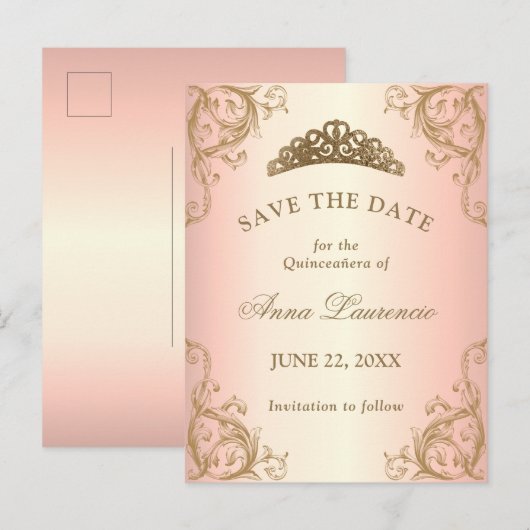 Decoratief Roos Gold Quinceanera sparen de datum Briefkaart (Voorkant / Achterkant)