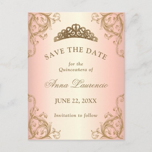 Decoratief Roos Gold Quinceanera sparen de datum Briefkaart (Voorkant)