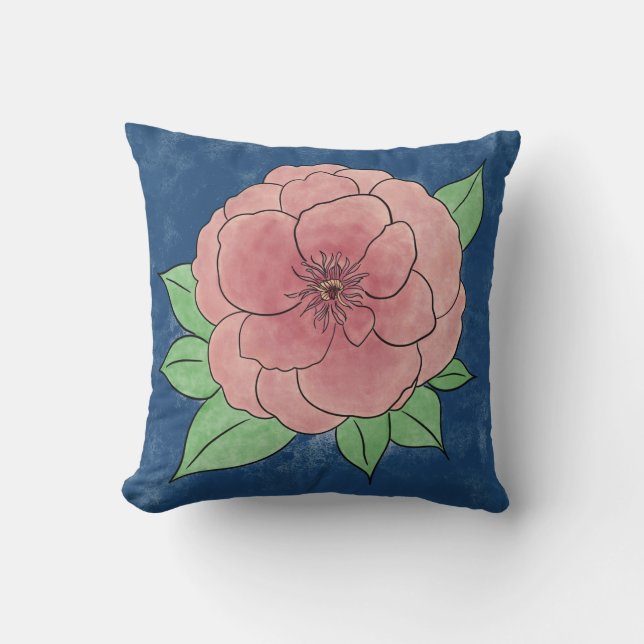 Decoratief Roze Bloem Blauw Sierkussen (Voorkant)