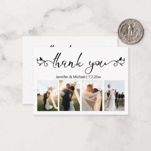 Decoratief script Dank u 4 foto's bruiloft Notitiekaartje (Voorkant / Achterkant in situ)