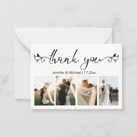Decoratief script Dank u 4 foto's bruiloft Notitiekaartje (Voorkant)