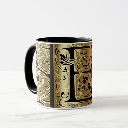 Decoratief zwart en Gold Letter E Coffee-Mok Mok (Voorkant links)