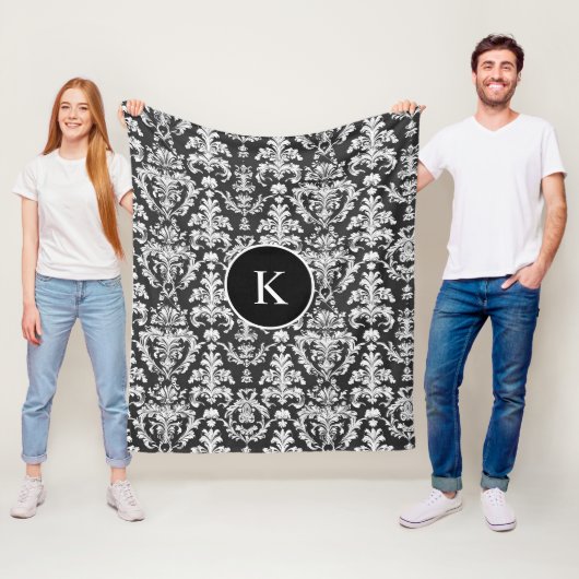 Decoratief zwart-wit damast patroon fleece deken (In situ)