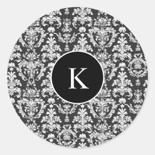 Decoratief zwart-wit damast patroon ronde sticker